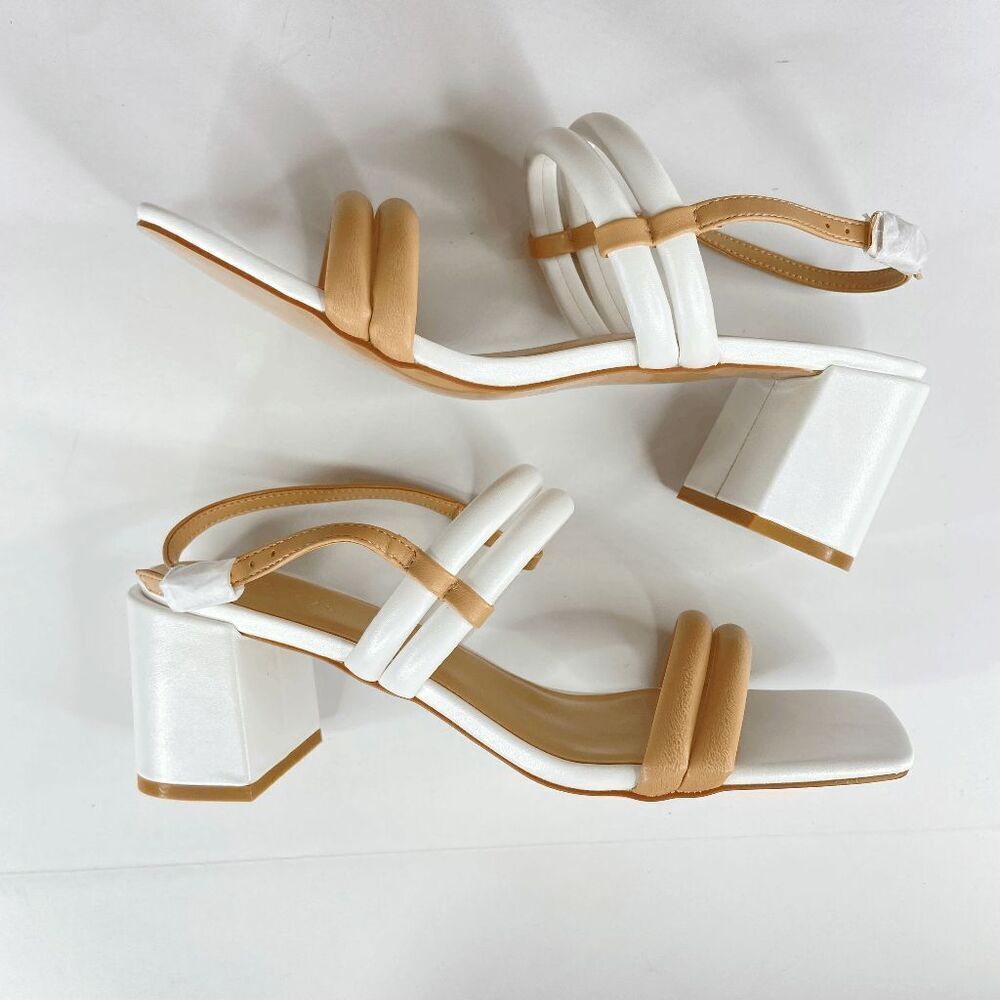 Torgēis Palm Faux Leather Strappy Block Heels Sandal Women’s White Size 10 NIB